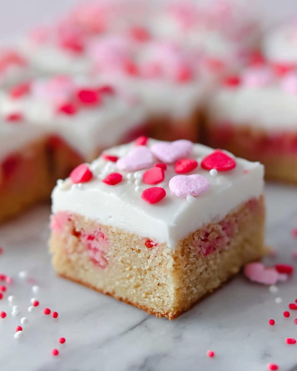 A close-up of a single square piece of cake with two distinct layers on a white marbled surface; the bottom layer is light brown with pink and red bits visible inside the moist texture, suggesting a fruity or candy mix, while the top layer is white, smooth frosting spread evenly; the frosting is decorated with small round red and pink sprinkles, flat pink circles, and tiny white sprinkles scattered on top; in the background, more pieces of the same cake can be seen out of focus, placed together. Photo taken with an iphone --ar 4:5 --v 7