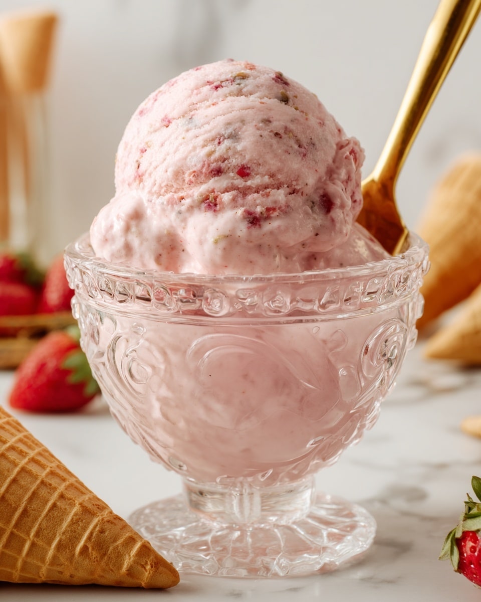 A single scoop of pink strawberry ice cream with visible fruit specks sits on top of a smooth pink creamy layer, both inside a clear textured glass dessert bowl with an ornate floral pattern; a gold spoon is inserted into the ice cream at the side. The bowl rests on a white marbled surface, surrounded by light brown waffle cones and fresh strawberries in the blurred background. Photo taken with an iphone --ar 4:5 --v 7