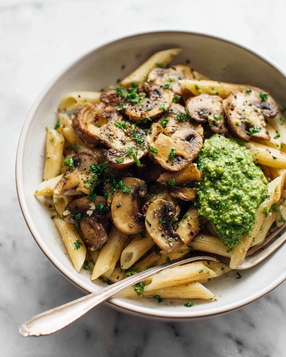 A white bowl filled with penne pasta at the bottom layer, light golden in color and slightly glossy, topped by a layer of sautéed mushroom slices that are golden brown with specks of black pepper and chopped green herbs, and finished with a generous dollop of bright green pesto sauce on one side, all placed on a white marbled surface with a silver fork beside the bowl. Photo taken with an iphone --ar 4:5 --v 7