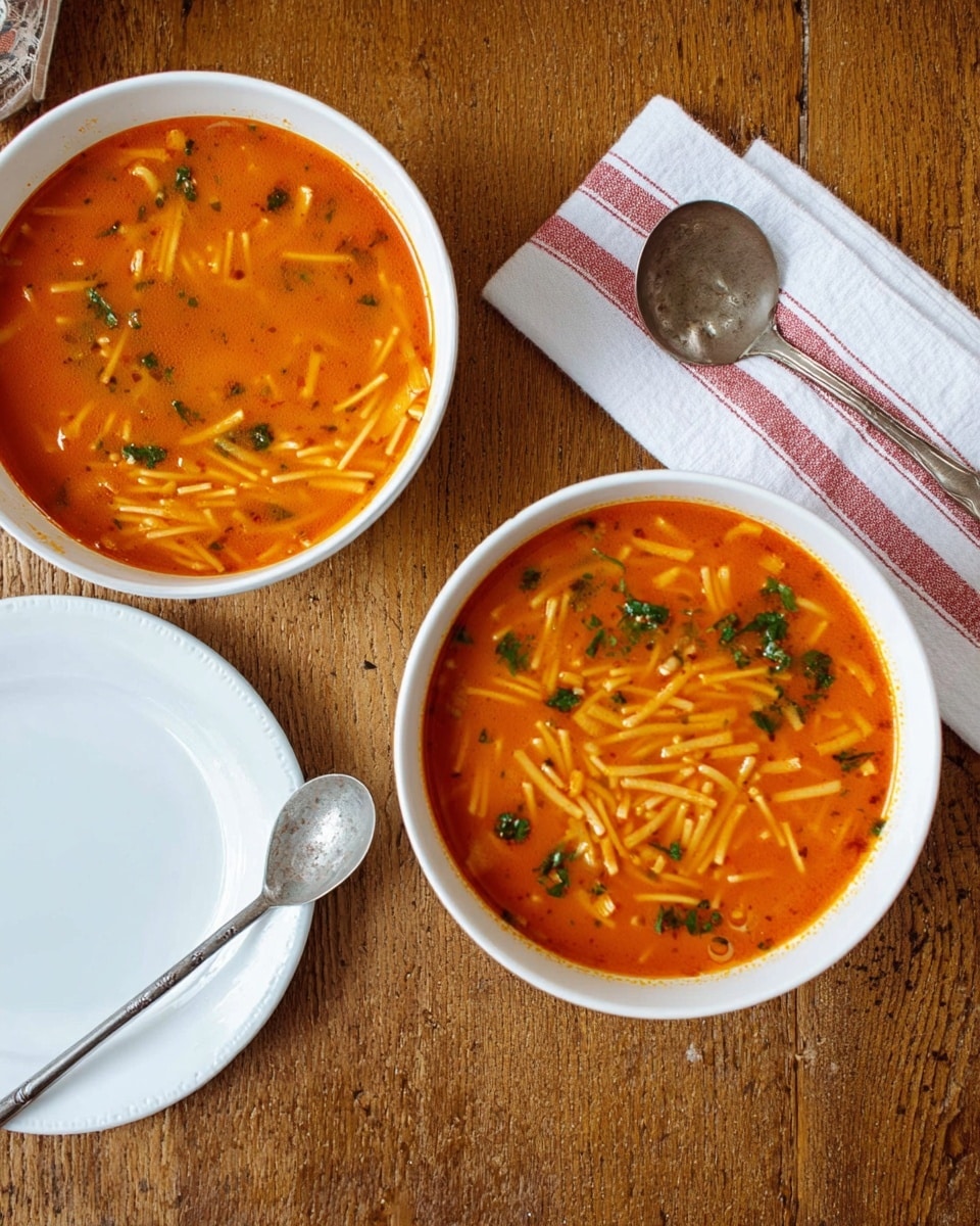 Two white bowls are filled with bright orange-red soup containing thin noodles, visibly mixed in the broth. The soup's surface has small green herb pieces scattered mainly on one bowl, creating a contrast with the warm soup color. The bowls sit on a wooden table that has a rustic look, with one bowl closer in the center and a spoon resting on a white napkin with a red stripe to the right of it. Another white plate with an old ladle sits empty to the left, under the other bowl partially in frame. photo taken with an iphone --ar 4:5 --v 7