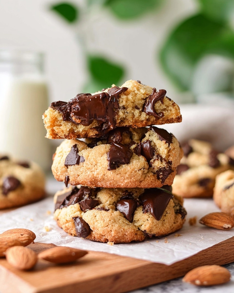 A stack of three thick, chunky chocolate chip cookies sits on a white paper-lined wooden board with a few almonds scattered around. The bottom cookie is whole with large, dark chocolate chips embedded in a golden-brown crumbly dough. The middle and top cookies are broken in half, showing a soft, moist, light beige inside with melted chocolate streaks. The cookies look slightly rough textured with melted chocolate dripping off the edges. The background is a white marbled texture with soft-focus green leaves and a blurred creamy bottle. photo taken with an iphone --ar 4:5 --v 7