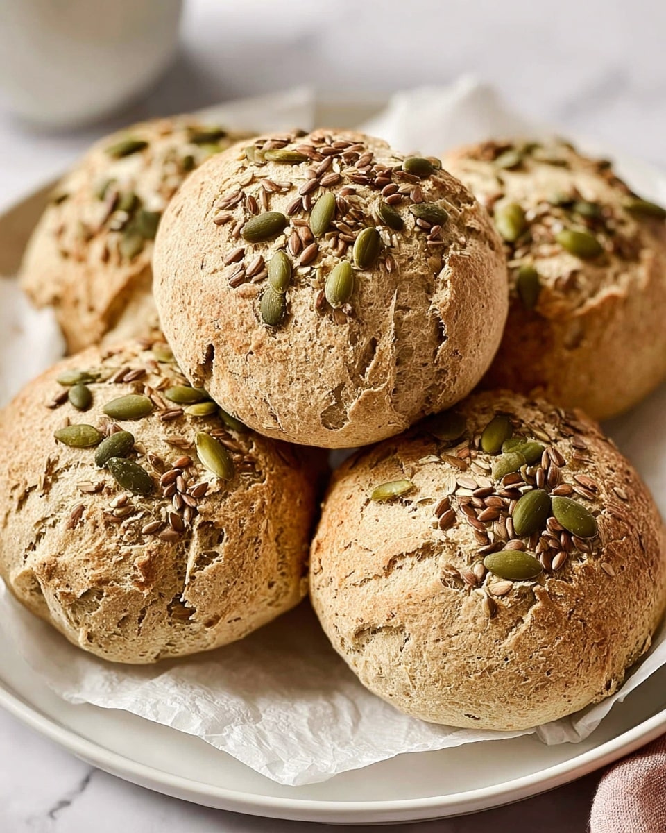 A white plate holds five round bread rolls stacked closely. Each roll is light brown with cracked, rough texture on the surface. The top of every roll is sprinkled with a mix of seeds including green pumpkin seeds, light beige sunflower seeds, and small dark brown flax seeds, adding a varied, crunchy look to the soft bread. The plate is lined with white parchment paper, and the background is a white marbled texture. photo taken with an iphone --ar 4:5 --v 7