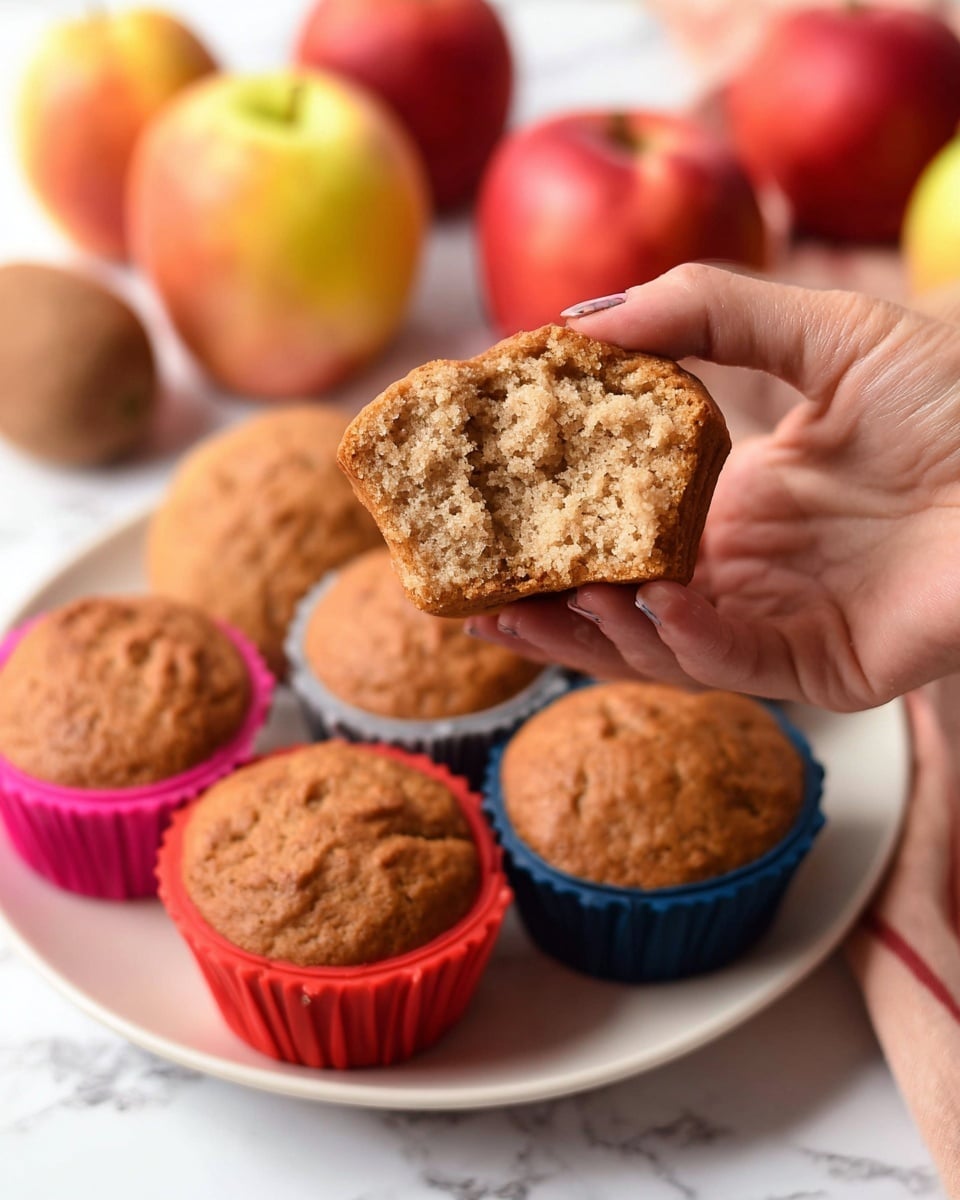 A close-up of a woman's hand holding half of a soft, light brown muffin with a crumbly texture inside. Below the hand, there is a white plate filled with whole muffins in colorful silicone cups—two red, two grey, and one dark blue—each muffin having a slightly cracked top and golden-brown color. In the background, there are three red and yellow apples along with one brownish object placed on a white marbled surface. The overall setting gives a warm, cozy feeling of homemade baked goods. photo taken with an iphone --ar 4:5 --v 7