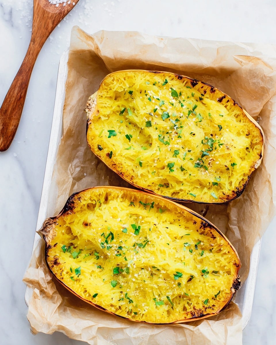 The image shows a halved spaghetti squash with its cooked yellow strands inside, lightly browned on top and mixed with green chopped herbs, with the squash's outer skin forming a bowl-like shape holding the filling; a woman's hand with pale pink nail polish is lifting a forkful of the soft, fibrous, and slightly charred spaghetti strands, while the squash sits on a white plate with small specks and a silver fork beside it, all placed on a white marbled surface. photo taken with an iphone --ar 4:5 --v 7