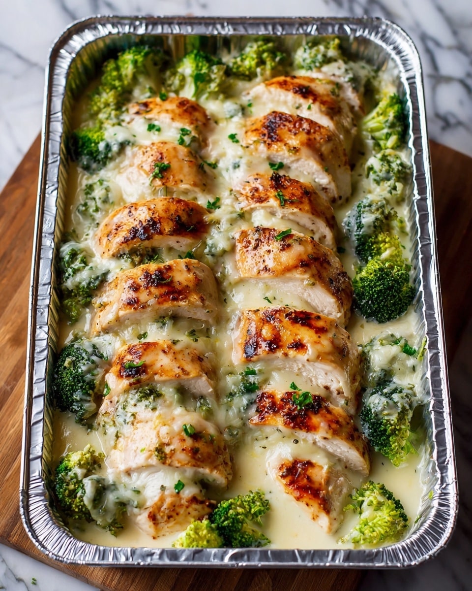 A close-up image of a baked dish in a silver foil tray showing three rows of thick, golden-brown grilled chicken breast slices laid out horizontally. Each row is separated by vibrant green broccoli florets nestled between the chicken slices. Melted creamy white cheese is generously spread over and between the chicken and broccoli, adding a smooth, glossy texture. Small bits of chopped green herbs are sprinkled on top, adding a fresh touch. The tray sits on a wooden board, with some fresh broccoli blurred in the background, all set on a white marbled texture. photo taken with an iphone --ar 4:5 --v 7