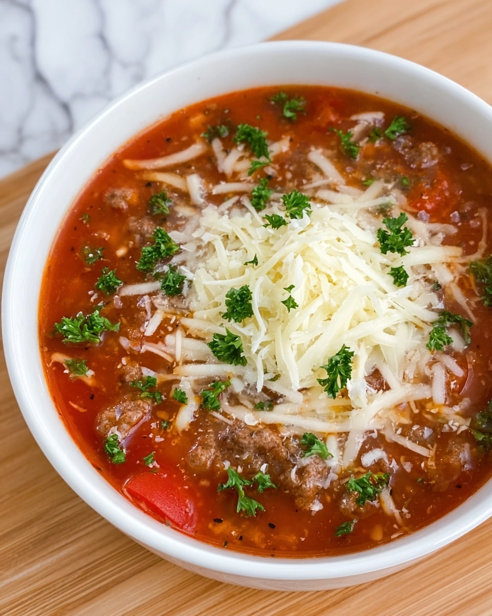 A white bowl filled with a rich red tomato soup that has visible chunks of ground beef and pieces of tomato floating in the broth. The soup is topped with two layers of cheese: a bottom layer of shredded white cheese and a top layer of grated lighter white cheese. Green chopped parsley is sprinkled on top of the cheese and around the soup, adding a fresh touch. The bowl is placed on a light wooden surface with a background of white marbled texture. photo taken with an iphone --ar 4:5 --v 7