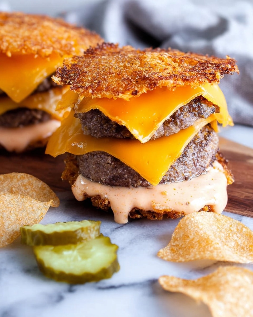 The image shows two cheeseburgers without buns, each made of two beef patties with melted bright orange cheddar cheese between the layers, and a creamy pink sauce dripping from the sides. The top and bottom of the burgers are covered with crispy golden-brown cheese crisps that act as buns. In front of the burgers, there are a few ridged green pickle slices and broken pieces of light brown chips scattered on a white marbled surface. Photo taken with an iphone --ar 4:5 --v 7