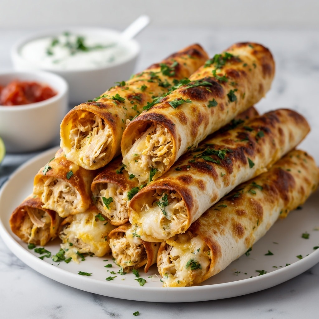The image shows a stack of six rolled golden brown taquitos on a round white plate, with crispy lightly charred edges and green herbs sprinkled on top. Each taquito is filled with shredded chicken mixed with melted white cheese, with the filling peeking out at the ends. In the background, there are two small white bowls, one filled with white sour cream topped with herbs, and the other with red salsa. The setup is placed on a white marbled surface, adding a clean and fresh feel to the scene. photo taken with an iphone --ar 4:5 --v 7