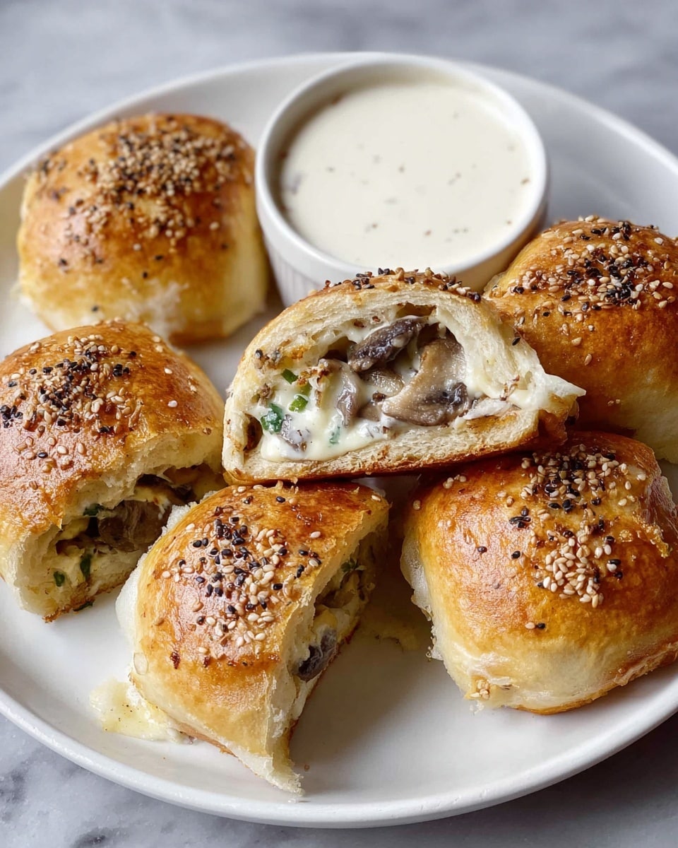The image shows a white plate with five golden brown baked buns, three cut in half to reveal layers inside. Each bun has a glossy crust sprinkled with white sesame seeds and black pepper. The inside shows soft dough with a mix of melted white cheese and cooked brown meat, with some green bits of vegetables. A white bowl with a creamy white dipping sauce is partially visible on the left side. The plate is set on a white marbled surface. photo taken with an iphone --ar 4:5 --v 7