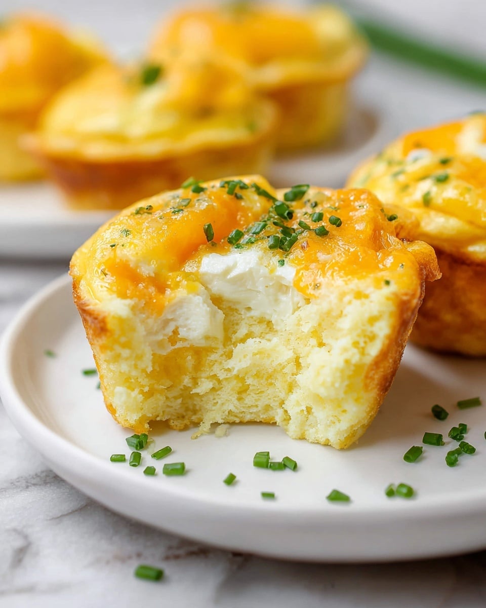 Six small egg muffins sit on a white plate with a white marbled background. Each muffin has a soft, yellow top with melted bits of light orange cheese peeking through. The muffins have a slightly rough and fluffy texture with small green chives sprinkled across the tops of each one. Bits of black pepper are visible, giving speckled details to the yellow surface. The muffins are arranged in a circular pattern on the plate, and a few extra chopped chives are scattered on the plate around them. Photo taken with an iphone --ar 4:5 --v 7