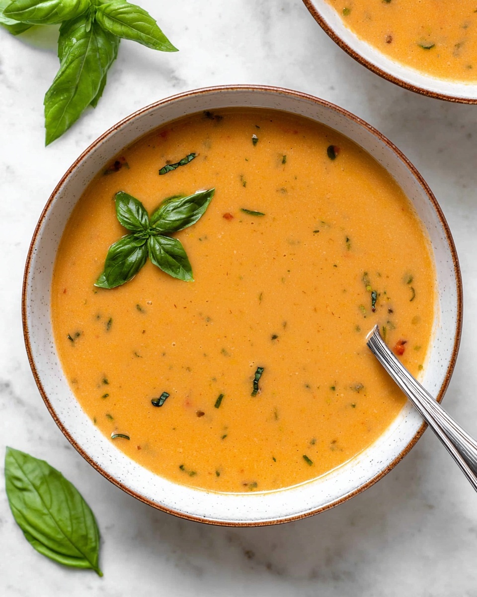 The image shows a single bowl of smooth, creamy orange soup with small green herb bits spread throughout the soup. The bowl is white with a light brown rim and contains a silver spoon resting inside on the right side. On the surface of the soup, slightly to the left, there is one fresh green basil leaf garnish. The bowl is placed on a white marbled texture surface with some fresh green basil leaves scattered around. Photo taken with an iphone --ar 4:5 --v 7