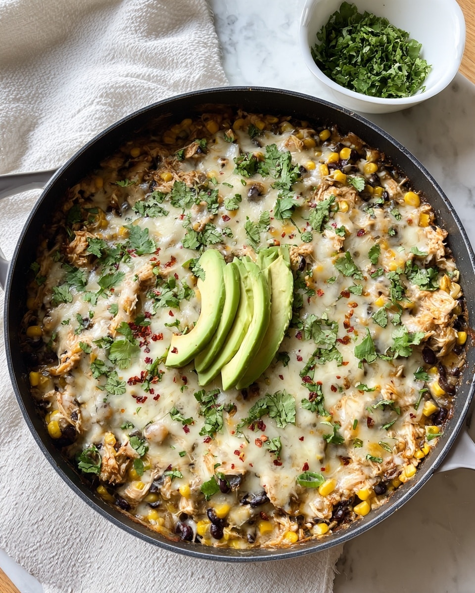 The dish is served in a light gray pan, showing two main layers. The bottom layer is a mix of rice, black beans, corn, and shredded chicken, with natural colors like white rice, black beans, yellow corn, and light-brown chicken. The top layer is melted white cheese covering the mix, sprinkled with chopped green herbs and small bits of red chili flakes. On top, two thin slices of avocado add a soft green shade. The pan sits on a wooden table with a small bowl of extra green herbs in the background, and a white cloth is nearby. The whole image has a natural light with a window and some blurred green plants outside, all set on a white marbled texture. photo taken with an iphone --ar 4:5 --v 7