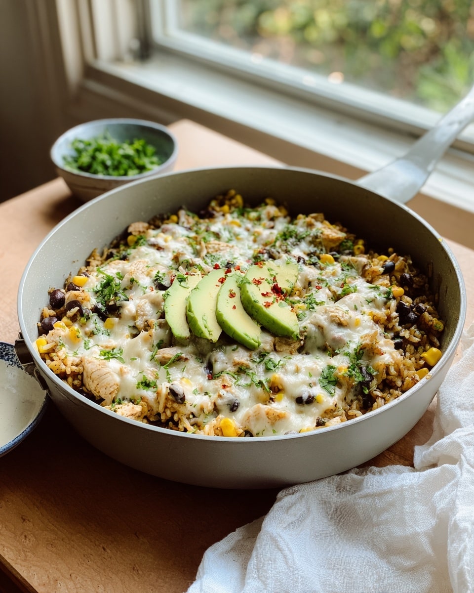 A round skillet filled with a cheesy dish showing multiple layers: the base layer is a mix of shredded chicken, black beans, and yellow corn, visible through melted white cheese covering the top. Sprinkled fresh green cilantro and small red chili flakes are spread on the melted cheese. Two avocado slices, light green and smooth, are placed near the center on top. Next to the skillet is a small white bowl filled with more chopped green cilantro, all set on a white marbled surface with a white cloth nearby. Photo taken with an iphone --ar 4:5 --v 7