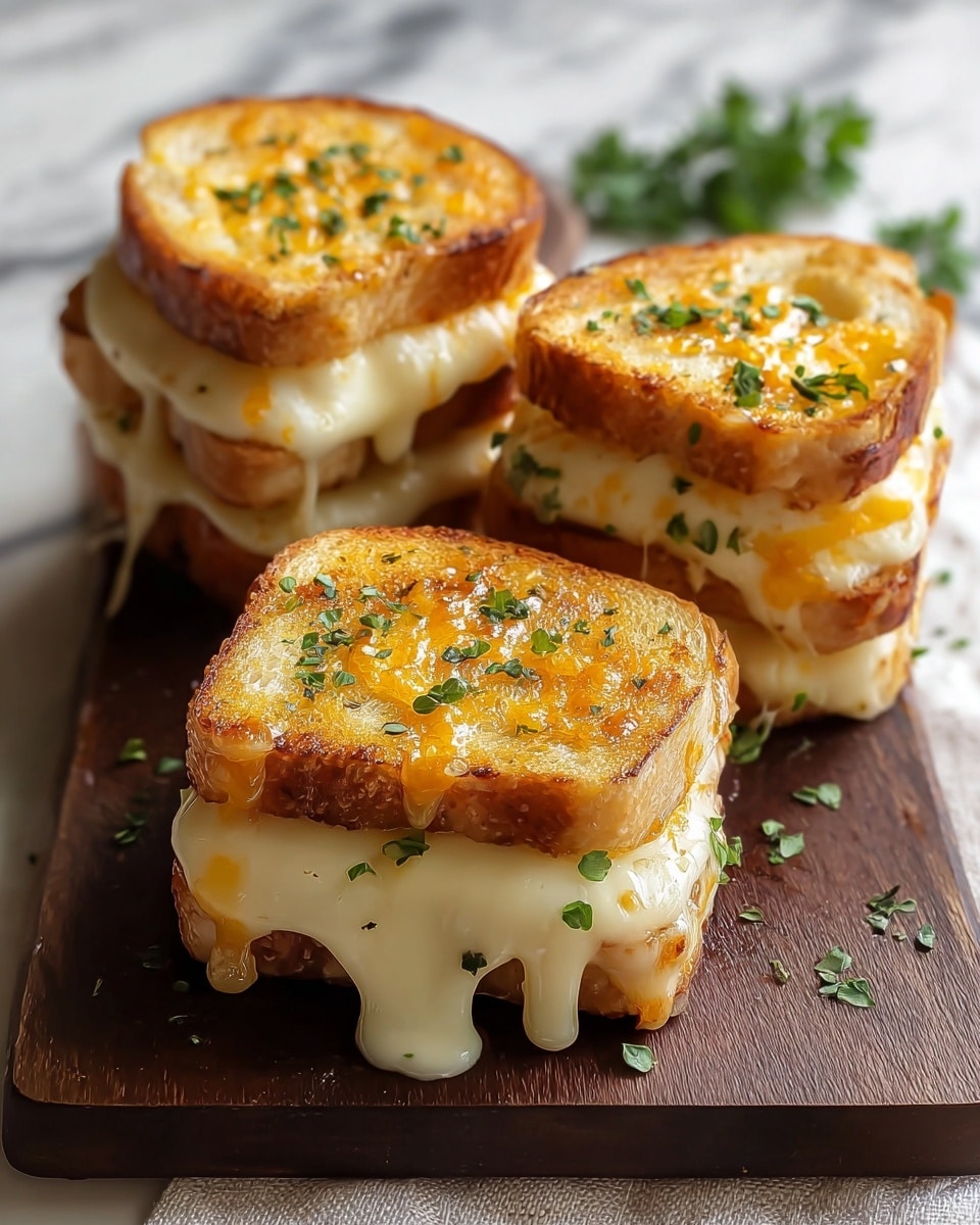 The image shows a white plate holding nine square pieces of golden brown grilled cheese toast arranged in a 3x3 grid. Each piece has a bottom layer of soft white bread, a middle layer of melted yellow and white cheese visibly oozing out, and a top layer of perfectly toasted crust with a crunchy texture and slight shine from melted butter. Sprinkle of finely chopped green chives covers the top, adding a pop of color and freshness. The plate is set on a white marbled textured surface with blurred green herbs and a small white bowl of extra green chives in the background. photo taken with an iphone --ar 4:5 --v 7