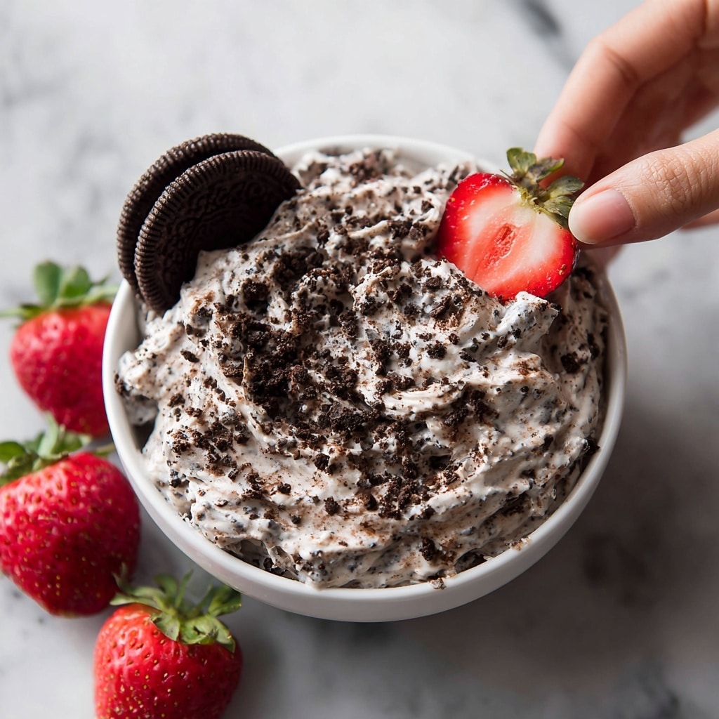 A white plate filled with fresh red strawberries, some whole and some cut in half around the edges; in the center, a small white bowl packed with creamy, white and black speckled cookies and cream dip, topped with a whole dark chocolate sandwich cookie standing upright; fresh green mint leaves add a pop of color on top of a few strawberries; the plate is set on a round wooden board with additional snacks like dark chocolate sandwich cookies, light tan crackers, and golden twisted pretzels scattered on the side, all against a white marbled background. photo taken with an iphone --ar 4:5 --v 7