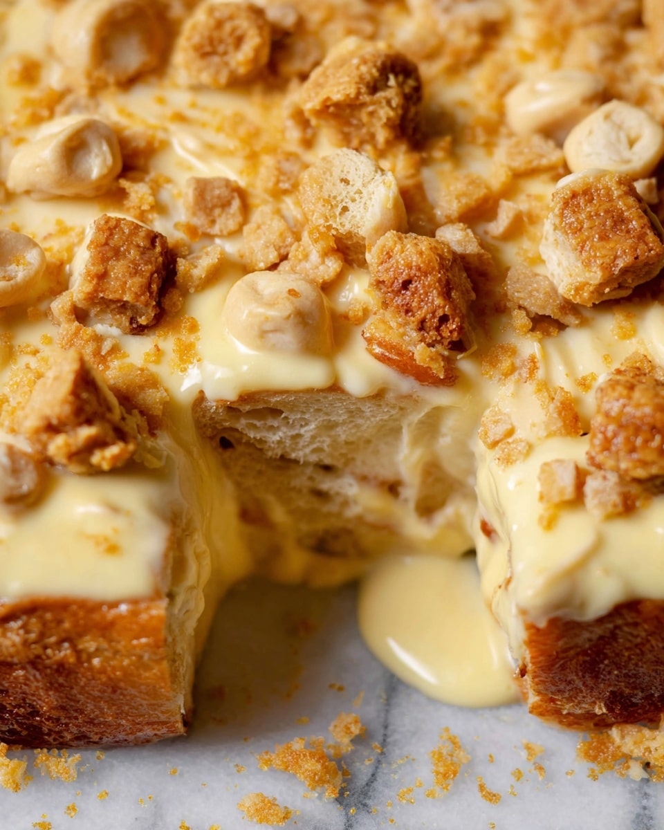 A close-up view of a dessert with three main layers: a base layer of round, light brown vanilla wafer cookies, a middle layer covered with thick, creamy pale yellow pudding that smoothly coats the cookies, and a top layer sprinkled with whole and crushed vanilla wafers scattered unevenly, adding texture and contrast with their golden brown color and crumbly appearance. The creamy pudding has small specks of vanilla seeds visible throughout. The dessert rests on a white marbled textured surface. photo taken with an iphone --ar 4:5 --v 7