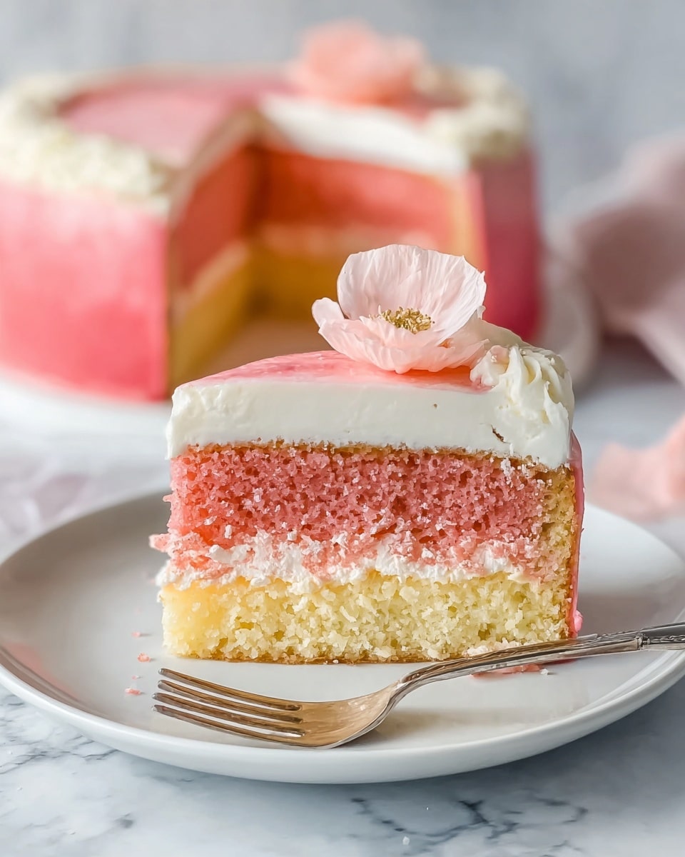 A slice of layered cake sits on a white plate with a silver fork beside it, resting on a white marbled surface. The cake has three visible layers: a thin yellow base layer, a thick pink middle layer with a moist, crumbly texture, and a thick white cream layer on top. The entire cake slice is coated with a shiny pink glaze, and a delicate light pink edible flower rests on the top center. In the background, the remaining cake with one slice removed is also visible on a white plate with the same white marbled surface underneath. photo taken with an iphone --ar 4:5 --v 7