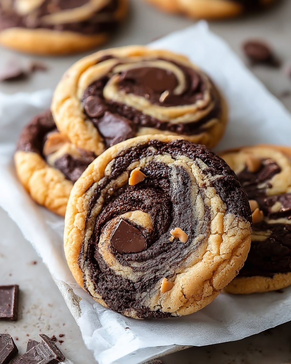 The image shows a close-up of a cookie with two main layers: a light golden brown outer layer and a thick dark chocolate swirl on the top, creating a marbled look. The cookie has a bite taken from it, revealing a moist, rich dark chocolate center inside. Around the cookie, there are several smooth, dark chocolate chips scattered on white crumpled paper. In the background, two other cookies with the same marbled chocolate and golden layers are partially visible, placed on a white marbled surface. The textures look soft and gooey, with the chocolate swirl slightly shiny, contrasting with the crumbly edges of the cookie. Photo taken with an iphone --ar 4:5 --v 7