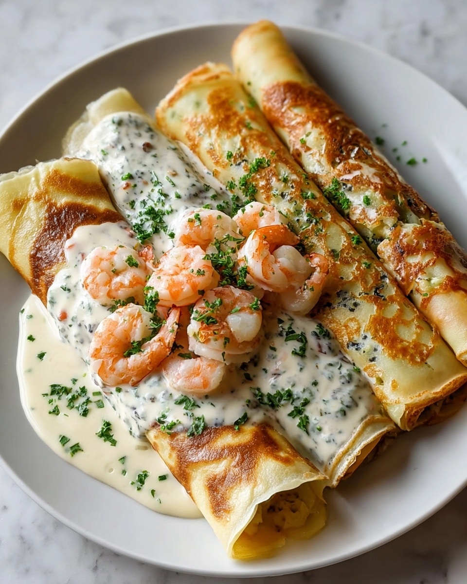 A white plate holds four rolled crepes, each crepe golden brown with light crispy edges and a soft, yellowish interior. The crepes are filled with plump pink shrimp mixed with bits of herbs and a creamy light sauce, visible at the open ends. One crepe is topped with a thick, white cream sauce that has flecks of green herbs sprinkled on it. The shrimp and sauce spill slightly onto the plate, accented by chopped green herbs scattered around. The plate sits on a white marbled texture. photo taken with an iphone --ar 4:5 --v 7