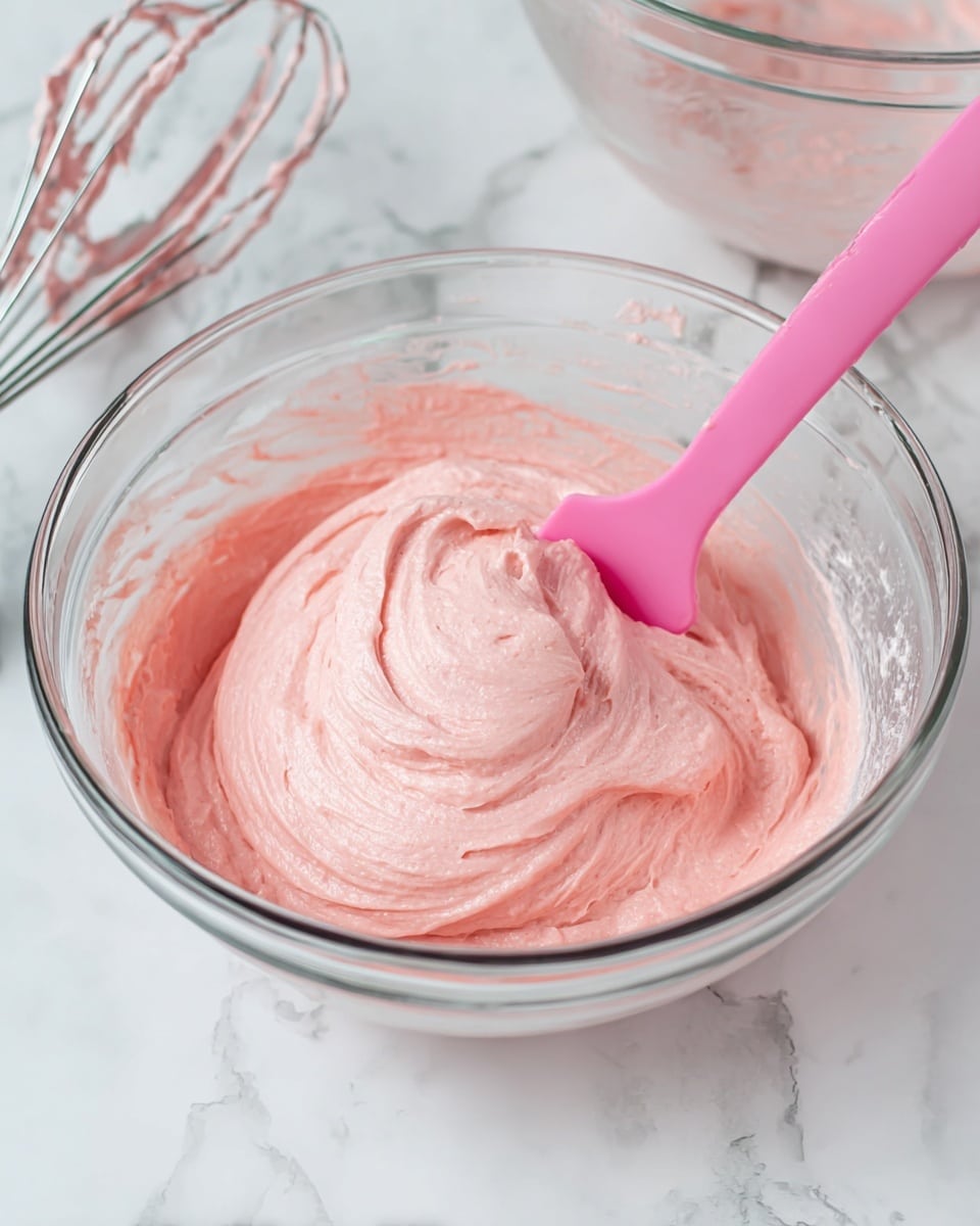 The image shows a tall, three-layer white cake with smooth pink frosting covering the outside. Between the layers are two thick layers of pink cream, each topped with a thin red jelly layer that looks glossy and slightly sticky. The outer frosting is even and matte with swirled pink decorations around the top edge. Fresh red strawberries, some whole and some sliced, along with small white flowers, decorate the top of the cake, adding bright red and green color contrast to the soft pink frosting. The cake sits on a white plate with a shiny silver stand visible at the base, set on a white marbled surface. photo taken with an iphone --ar 4:5 --v 7