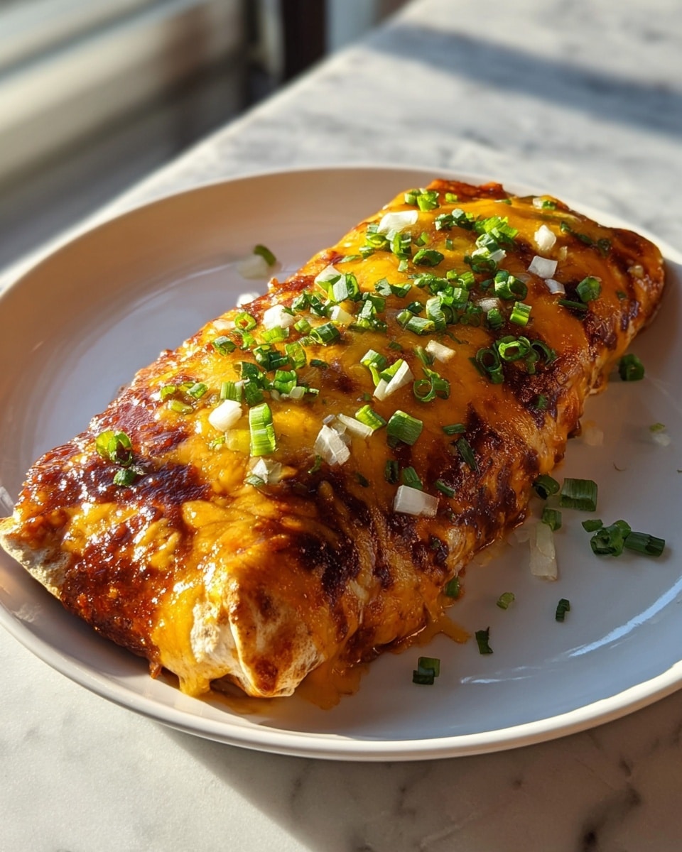 A thick slice of lasagna sits on a white plate, showing about five visible layers. The bottom layer has a thick, dark red sauce that spreads onto the plate. Above this is a thick layer of creamy white cheese, followed by layers of pasta and sauce mixed with browned meat, topped with a golden, bubbly, slightly crispy cheese layer that is browned in spots. The top is garnished with small pieces of finely chopped white onion and green herbs. The plate rests on a white marbled surface. Photo taken with an iphone --ar 4:5 --v 7