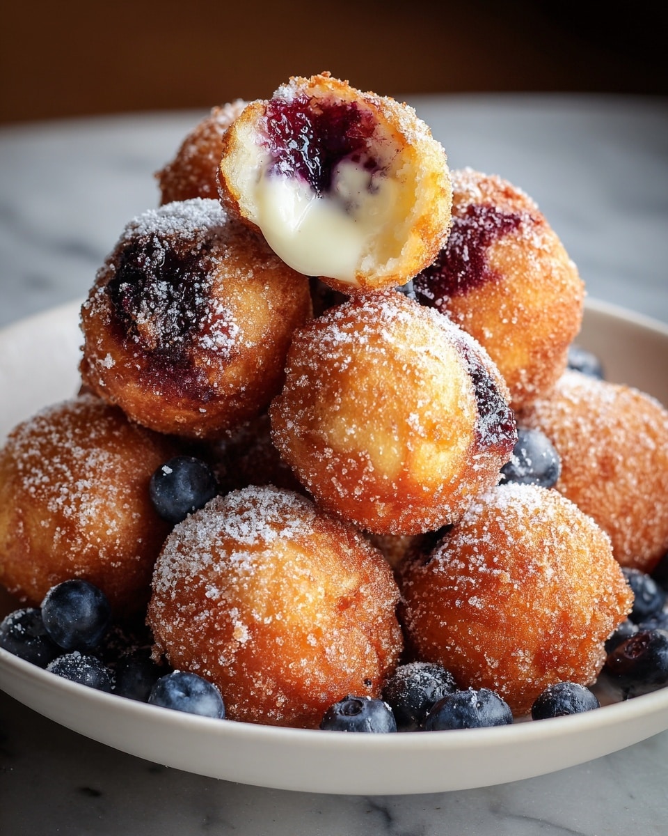 A white round plate filled with a pile of golden-brown fried dough balls, each dusted with powdered sugar. The dough balls show dark purple spots of blueberry filling, and one is broken open to reveal a creamy white filling inside. Around the base of the pile, fresh blueberries are scattered on the plate. The plate is placed on a white marbled surface. photo taken with an iphone --ar 4:5 --v 7