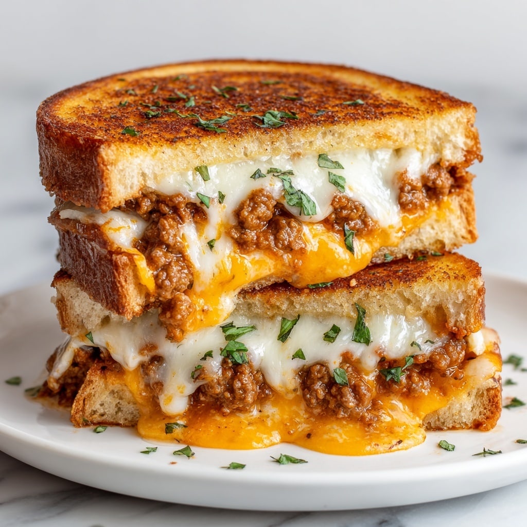A close-up of a grilled sandwich cut in half and stacked; each sandwich half features two layers of toasted golden brown bread with a crunchy texture on the outside, a layer of melted creamy white cheese on top, a thick middle layer of crumbled cooked ground beef with visible juicy texture, and a bottom layer of bright yellow melted cheddar cheese oozing out; small pieces of fresh green herbs are sprinkled on top and within the layers, adding color contrast; the background is a white marbled texture. photo taken with an iphone --ar 4:5 --v 7