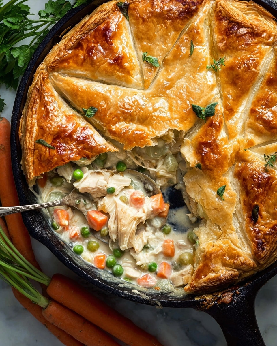 The image shows a golden-brown baked dish in a black cast iron skillet placed on a white marbled texture. The top layer is a flaky crust with a shiny, glossy finish, divided into roughly square and triangular pieces. Small green herb leaves are scattered on top, adding a fresh touch. The edges of the crust have a slightly darker, crisp look, and creamy sauce can be seen bubbling gently around the sides under the crust. The skillet handle is visible, and fresh herbs and a carrot with greens are seen nearby, creating a fresh kitchen scene. Photo taken with an iphone --ar 4:5 --v 7
