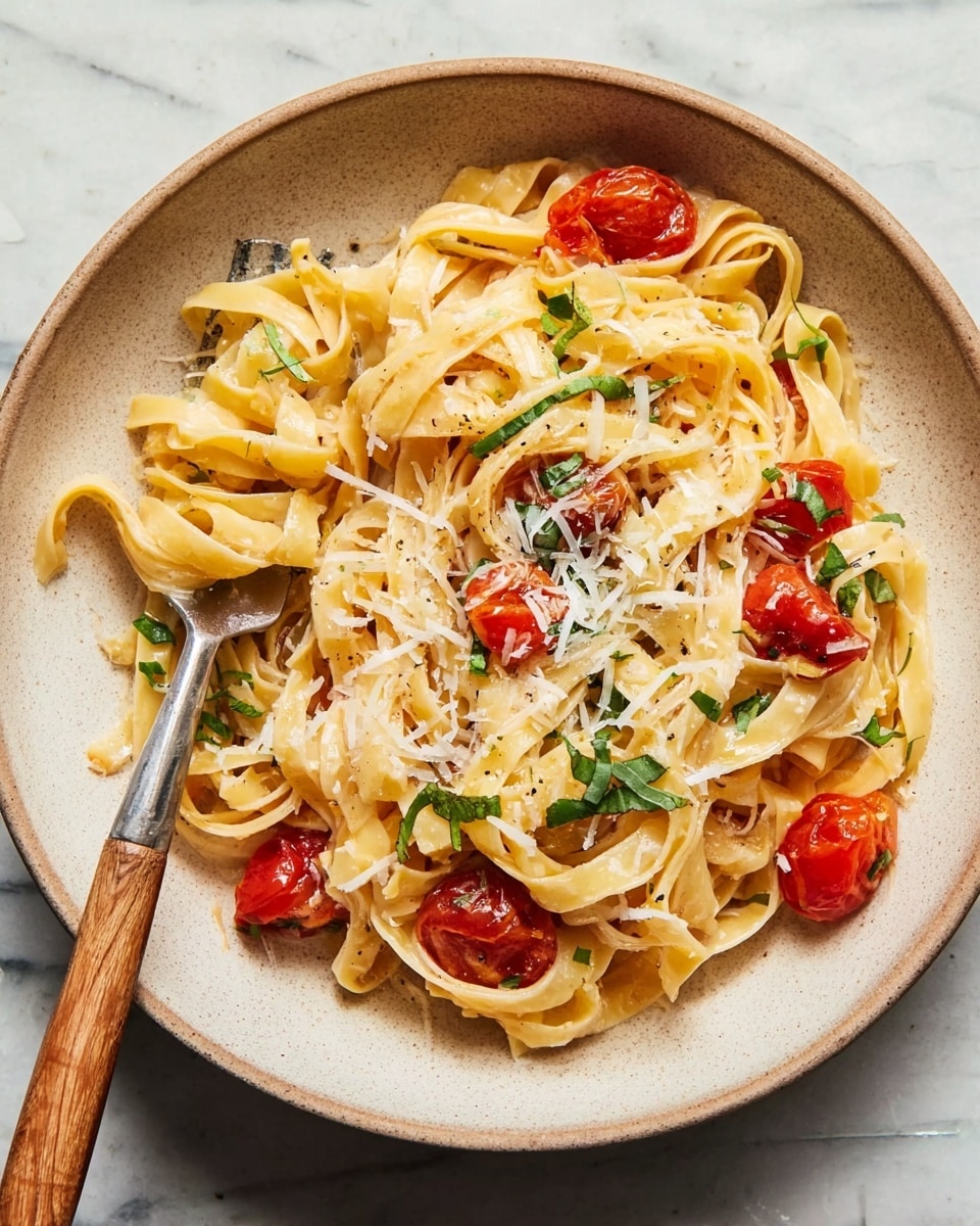 A beige shallow bowl holds a generous serving of fettuccine pasta mixed with halved red cherry tomatoes and scattered thin green herb leaves, all coated in a light oil-based sauce. The pasta strands are twisted in layers, with the tomatoes adding bright red spots throughout. Finely shredded white cheese is sprinkled on top, partly melting into the warm pasta. At the bottom left, a fork with a wooden handle is placed inside the bowl, partly twirling some pasta. The bowl sits on a white marbled surface. photo taken with an iphone --ar 4:5 --v 7