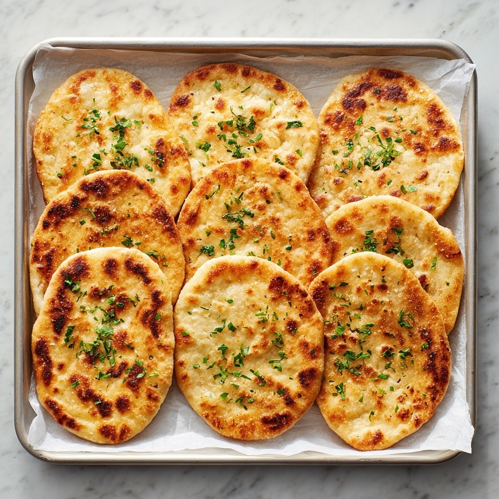 A close-up view of five golden-brown round flatbreads with a slightly crispy texture, sprinkled with small green herb bits, resting inside a white cloth with gray geometric patterns. The cloth is gently wrapped around the flatbreads, and a blue and white striped fabric is seen in the background, all set on a white marbled surface. The flatbreads have a light, even browning and appear soft yet slightly crunchy on the edges. photo taken with an iphone --ar 4:5 --v 7