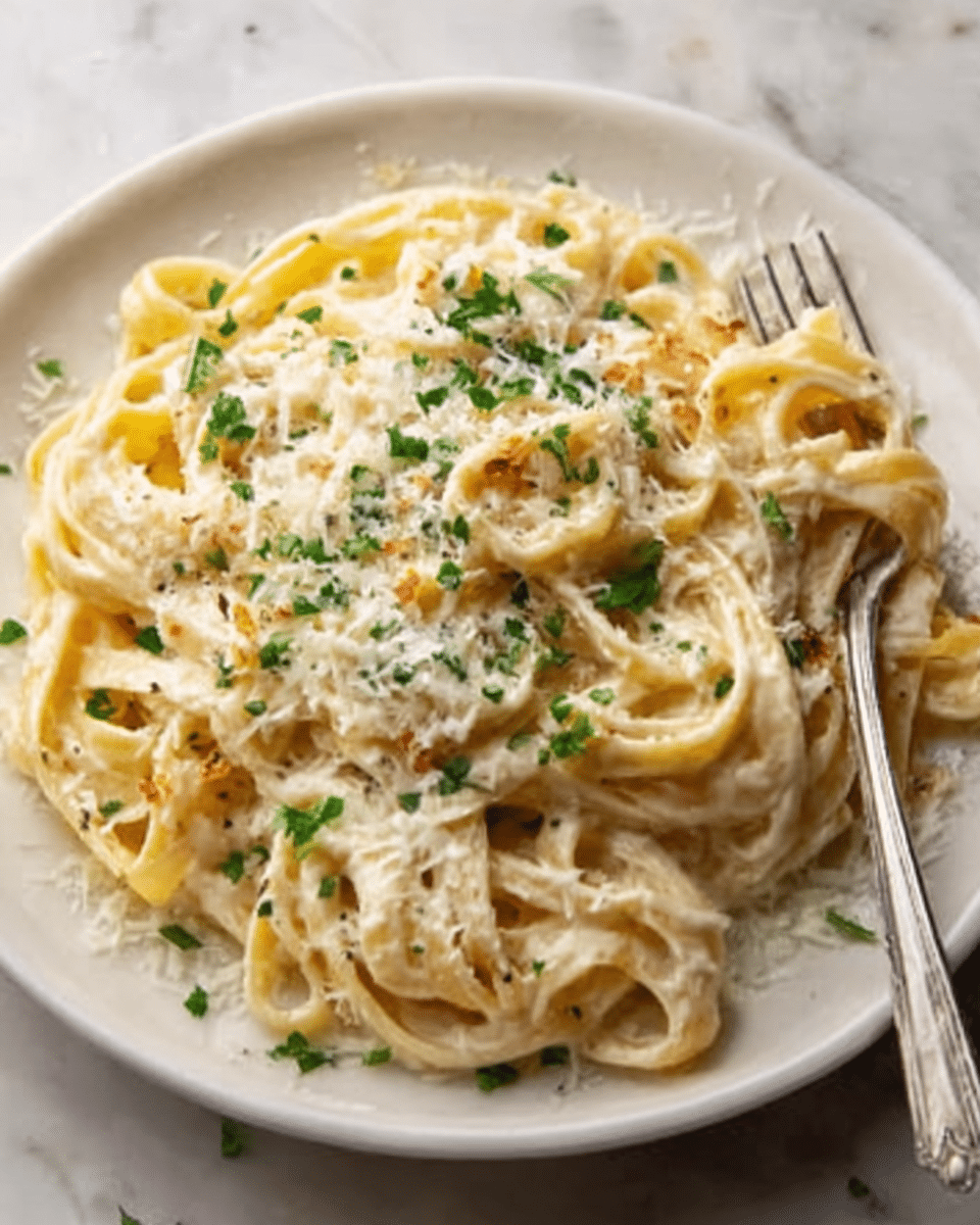 A white plate holds a generous serving of creamy fettuccine pasta, the noodles twisted and layered to show their smooth, pale yellow sauce coating. On top, there is a layer of finely grated white cheese that melts slightly into the pasta, mixed with small green herb pieces sprinkled evenly across. The creamy sauce looks thick and rich, with a slightly glossy texture. A silver fork is placed on the right edge of the plate, and the background is a soft white marbled surface. photo taken with an iphone --ar 4:5 --v 7