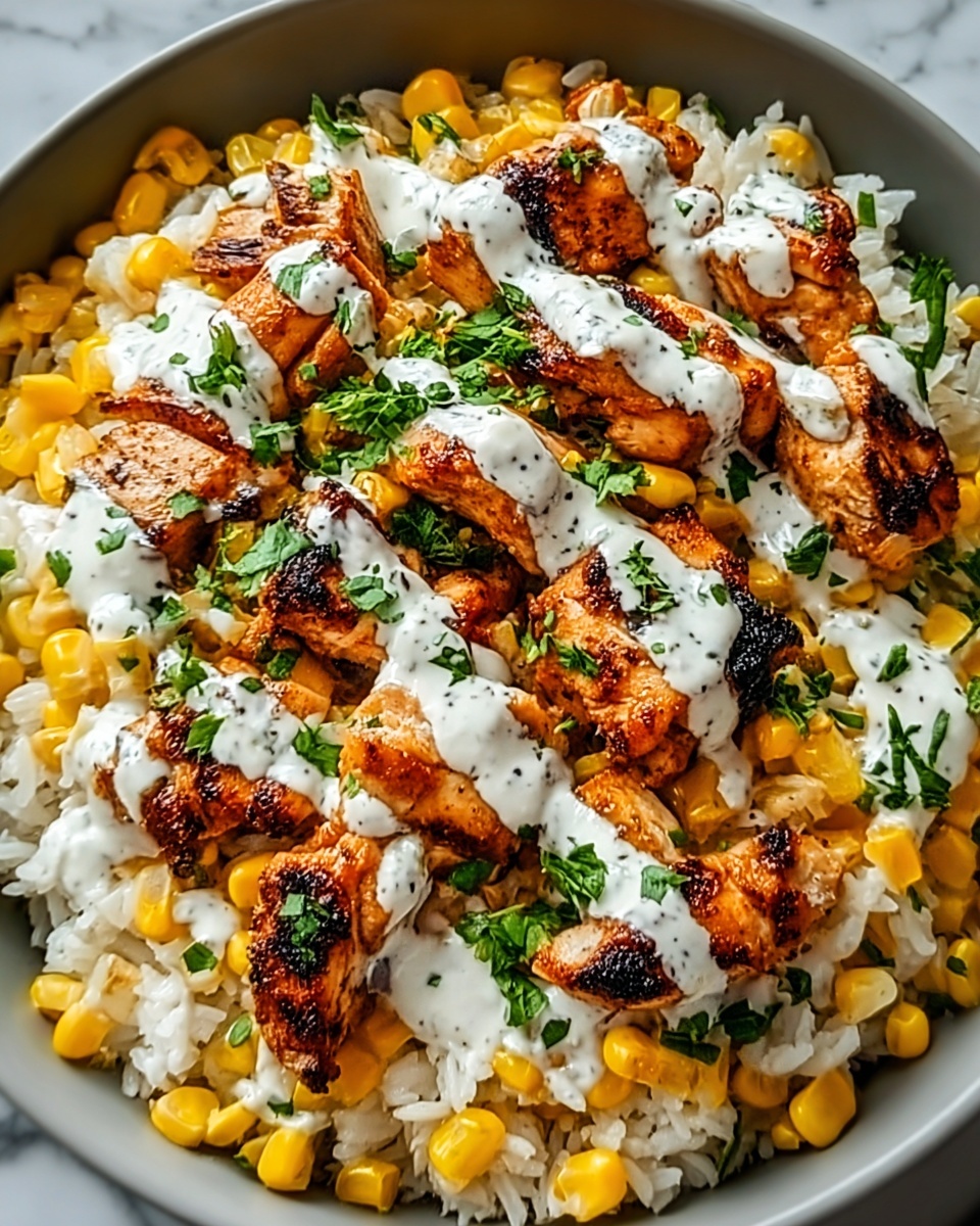 The dish is served in a white bowl placed on a white marbled surface. The bottom layer is white rice mixed with bright yellow corn kernels. On top of the rice and corn are chunks of grilled chicken with a slightly charred, golden-brown surface. The chicken pieces are thick and scattered unevenly over the rice. Drizzled over the chicken is a creamy white sauce with visible black specks. Green herb leaves are sprinkled over the whole dish, adding fresh pops of color on top. photo taken with an iphone --ar 4:5 --v 7
