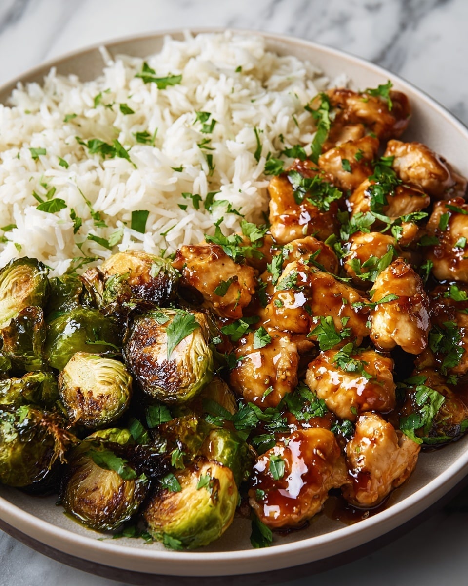 A close-up view of a white bowl filled with two main layers: on the left side, there is a fluffy layer of white rice with chopped green herbs sprinkled on top, and on the right side, a glossy layer of cooked chicken chunks and roasted Brussels sprouts mixed together, both golden-brown and slightly charred, garnished with bright green parsley pieces. The bowl is placed on a white marbled surface. photo taken with an iphone --ar 4:5 --v 7