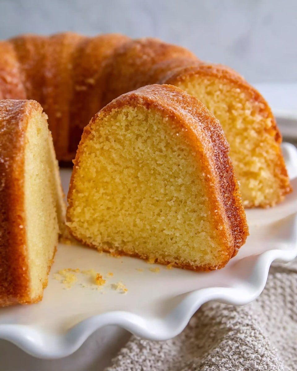 A slice of golden brown bundt cake with a moist, dense texture is placed on a white square plate in the foreground. The cake slice shows a soft, yellow crumb inside with a shiny, slightly darker brown outer crust. Behind it, the rest of the bundt cake with a ring shape is sitting on a white cake stand with ruffled edges, revealing a smooth, even surface with a golden outer layer and a similar yellow crumb inside. The setting is on a white marbled surface with a neutral-toned cloth partially visible near the cake stand. Photo taken with an iphone --ar 4:5 --v 7