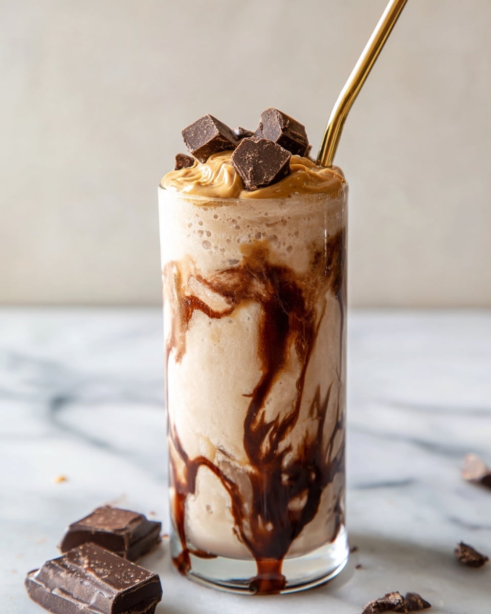 The image shows a tall clear glass filled with a creamy, light brown smoothie that has dark chocolate syrup swirled around inside, creating a marbled effect. On top of the smoothie, there is a thick layer of slightly twisted peanut butter or caramel swirl with a smooth texture. Large dark chocolate chunks rest on the top layer, adding a rough texture contrast. A shiny golden metal straw is inserted upright near the edge of the glass, with a small swirl of the same peanut butter or caramel stuck around it. The glass is placed on a white marbled texture surface with two chocolate pieces lying nearby. Photo taken with an iphone --ar 4:5 --v 7