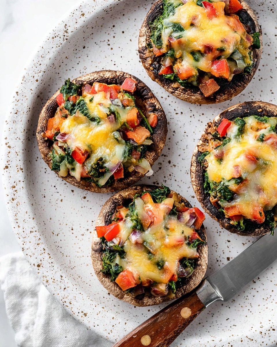 The image shows three stuffed mushrooms on a white plate resting on a white marbled surface. Each mushroom cap is dark brown with a wrinkled texture, filled with a colorful mix of finely chopped vegetables including red tomatoes, orange pieces, and green leafy bits. The vegetables have a slightly cooked, glossy look. The top layer of each mushroom is melted light yellow cheese, slightly browned and bubbling, covering the vegetable filling lightly but not fully. In the background, there are two white speckled side plates with forks resting on them. Photo taken with an iphone --ar 4:5 --v 7