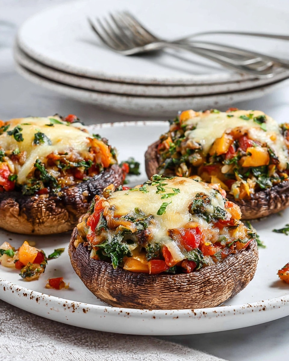 The image shows four stuffed mushrooms on a white, speckled plate placed over a white marbled texture. Each mushroom cap has three visible layers: the dark brown, textured mushroom base; a colorful middle layer of diced red tomatoes mixed with chopped green spinach and small bits of onion; and on top, a melted layer of light yellow cheese spreading over the mixed vegetables. A wooden-handled knife rests beside the plate on the white marbled surface. Photo taken with an iphone --ar 4:5 --v 7