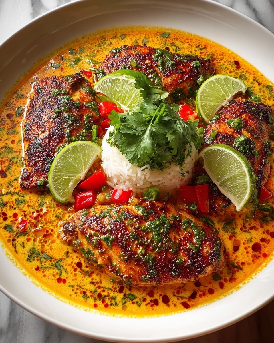 A white plate holds three grilled chicken pieces with a crispy, dark brown crust sprinkled with fresh green herbs. Underneath and around the chicken, there is a bright orange-yellow sauce with red pepper bits and green herbs spread evenly. In the center, a small mound of white rice topped with a fresh green cilantro sprig is visible. To the left and right of the chicken, there are bright green lime slices adding color contrast. The whole dish sits on a white marbled surface. photo taken with an iphone --ar 4:5 --v 7