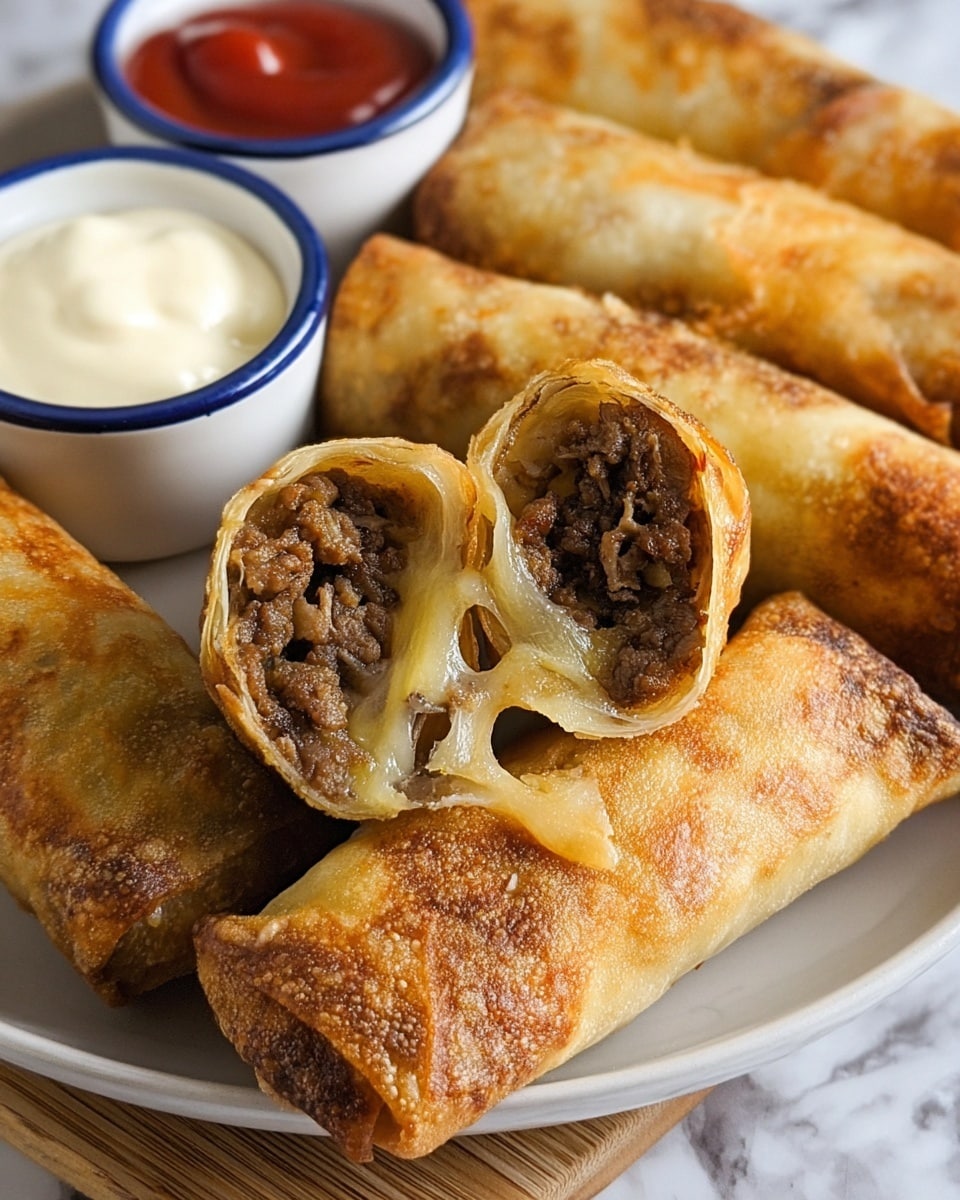 The image shows a white plate filled with several crispy, golden-brown spring rolls. Two of the spring rolls are cut open in the front, revealing a rich, dark brown ground meat filling mixed with melted cheese that stretches slightly, showing a gooey texture. The outer layer is crisp and slightly blistered with a light golden and darker browned color. In the background, two small white bowls with blue rims hold bright red ketchup and creamy off-white mayonnaise. The plate is set on a white marbled surface. Photo taken with an iphone --ar 4:5 --v 7