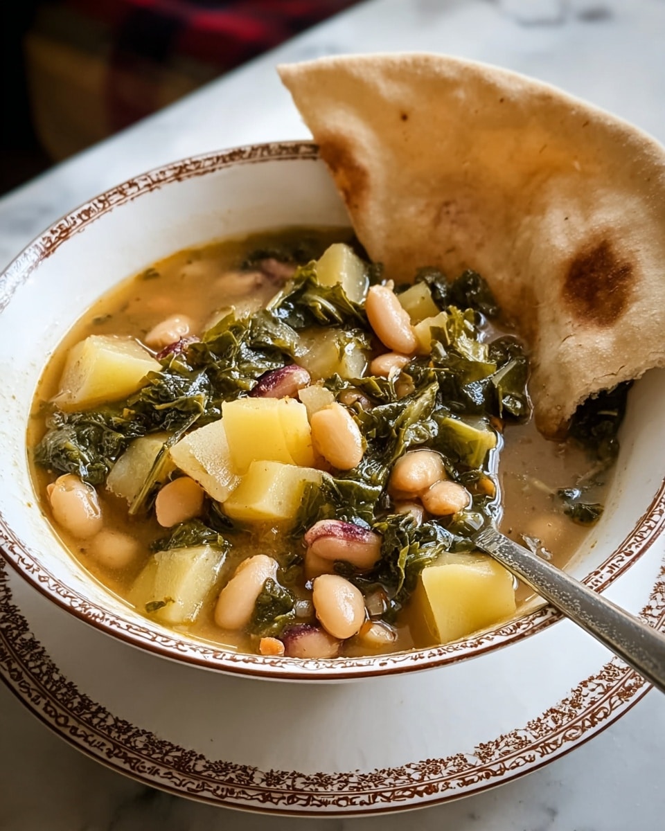 A white bowl with a dark woven pattern around the edge holds a stew with several layers: the bottom layer is a light brown broth, followed by cubed light yellow potatoes, small light brown beans, green leafy vegetables, and a few kidney beans mixed throughout. A folded, slightly toasted white tortilla with brown spots is placed upright on one side of the bowl. A silver spoon rests on the right edge, and the bowl is sitting on a dark blue cloth with a blurred wooden table and dark furniture in the background. photo taken with an iphone --ar 4:5 --v 7