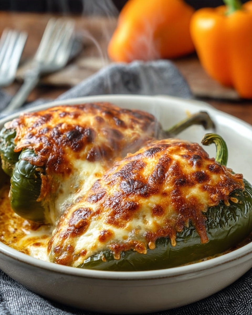 Two jalapeño peppers are covered with three layers of melted cheese that is golden brown and bubbly on top. The peppers are dark green and cooked, lying side by side in a white dish that sits on a grey fabric. Steam rises from the dish, showing it is hot. In the background, there are two small orange peppers and some blurred silver forks on a white marbled surface. photo taken with an iphone --ar 4:5 --v 7