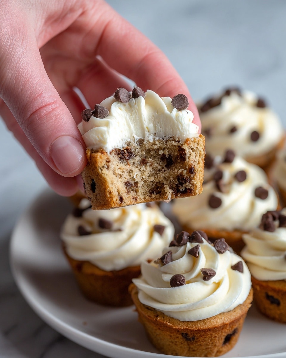 The image shows a close-up of a square chocolate chip cookie cup with a hollow center, filled with soft white whipped cream. The cookie has a golden-brown color with visible dark chocolate chips inside. The whipped cream is swirled on top and sprinkled with small chocolate pieces. The dessert is placed on a white marbled surface, with other similar cookie cups blurred in the background, one partially out of focus. Photo taken with an iphone --ar 4:5 --v 7