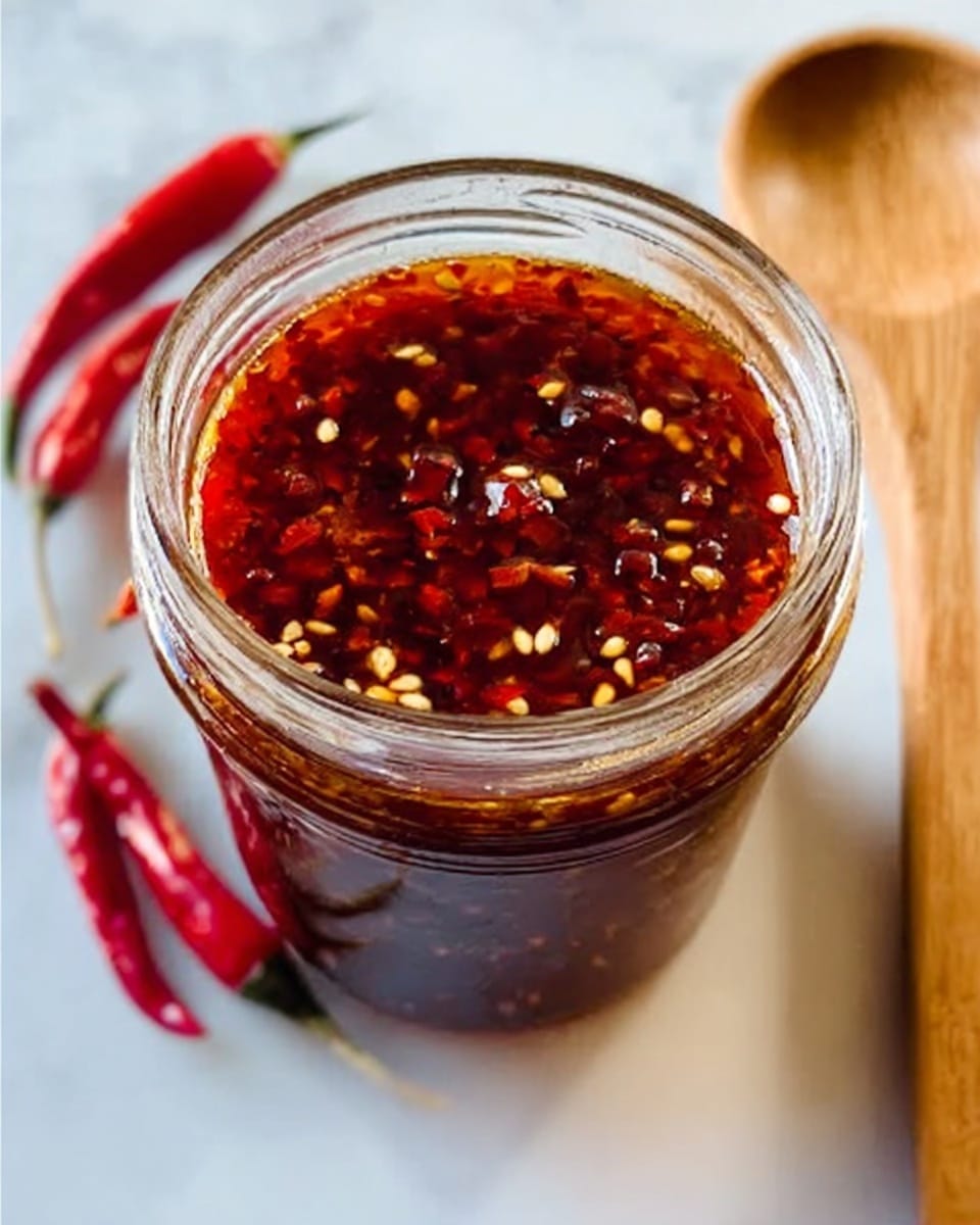 A small glass jar filled with a shiny, red chili sauce containing visible chili flakes and seeds. A long, silver spoon with a decorative handle is inside the jar, angled slightly to the right. The jar sits on a light wooden board with a soft focus on a blue and white cloth in the background, all placed on a white marbled surface. The lighting highlights the glossy texture of the sauce. Photo taken with an iphone --ar 4:5 --v 7