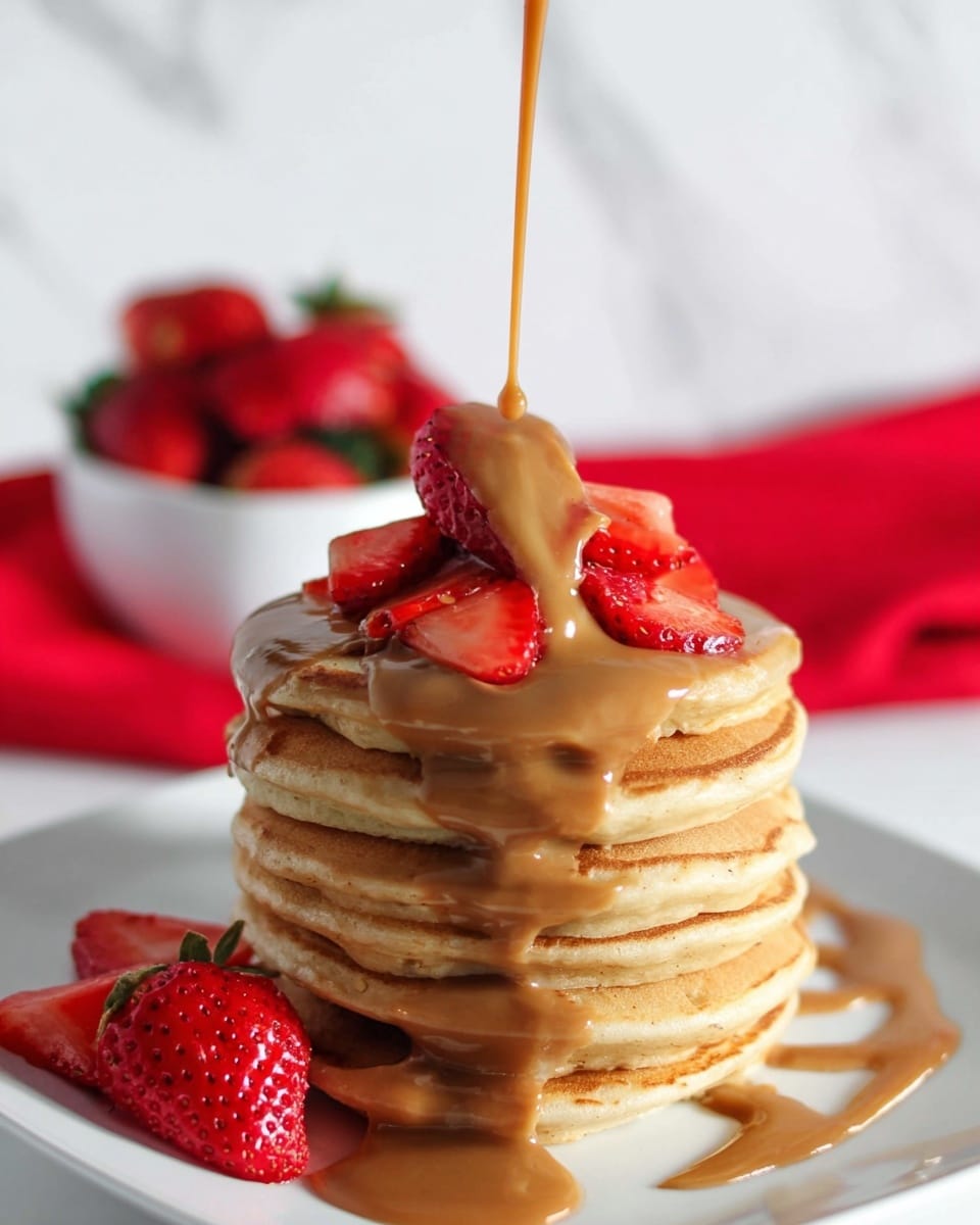 A tall stack of eight thick, golden-brown pancakes with a soft and fluffy texture is placed on a white plate. The pancakes are cut in half, showing the airy layers inside. On top, there are several halved strawberries with a bright red color, partially covered by a smooth, light brown sauce that drips down the sides and pools around the base of the stack. The background has a soft focus with a white marbled texture surface. Photo taken with an iphone --ar 4:5 --v 7