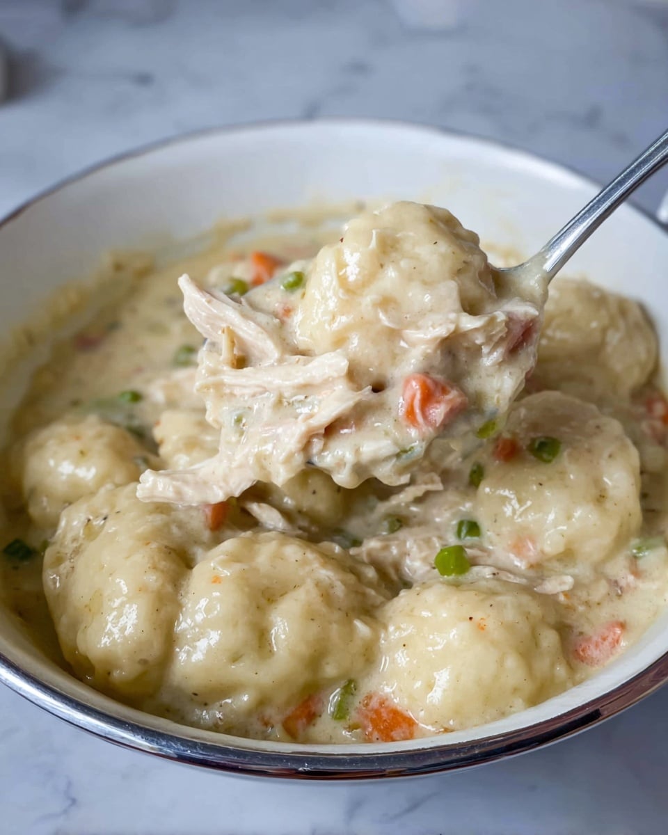 A close-up of a white bowl filled with a creamy stew showing two thick, light beige dumplings covered in sauce at the center of a silver spoon. The stew includes shredded white meat, small soft cubes of orange carrots, and green celery pieces mixed in a thick, glossy, pale beige gravy. The background is a white marbled texture. photo taken with an iphone --ar 4:5 --v 7