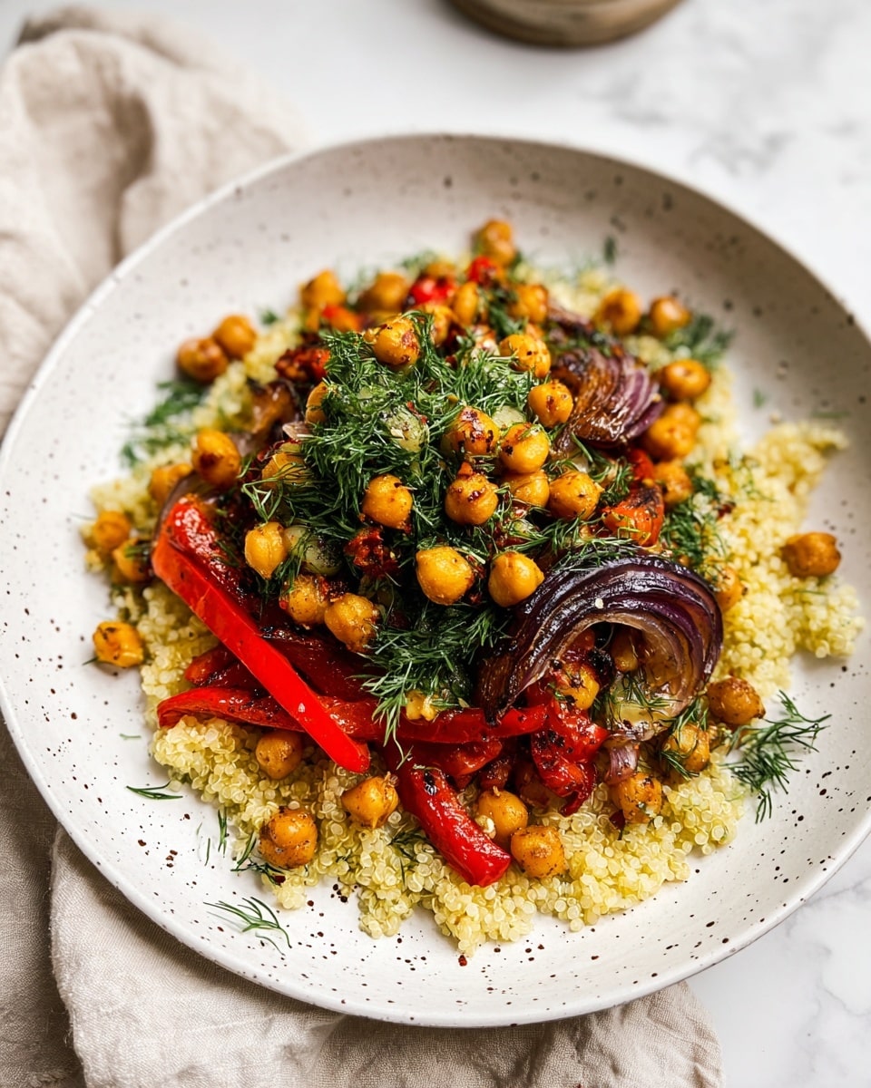 A white round plate holds a colorful quinoa salad with three main layers: the bottom layer is fluffy, light beige quinoa scattered evenly across the plate; the middle layer consists of roasted golden chickpeas and charred purple-red onion slices placed mostly around the center and edges; the top layer features bright red roasted bell pepper strips and fresh green dill and parsley scattered over the chickpeas and quinoa. The plate sits on a white marbled surface, with a beige cloth partially visible on the left side. photo taken with an iphone --ar 4:5 --v 7