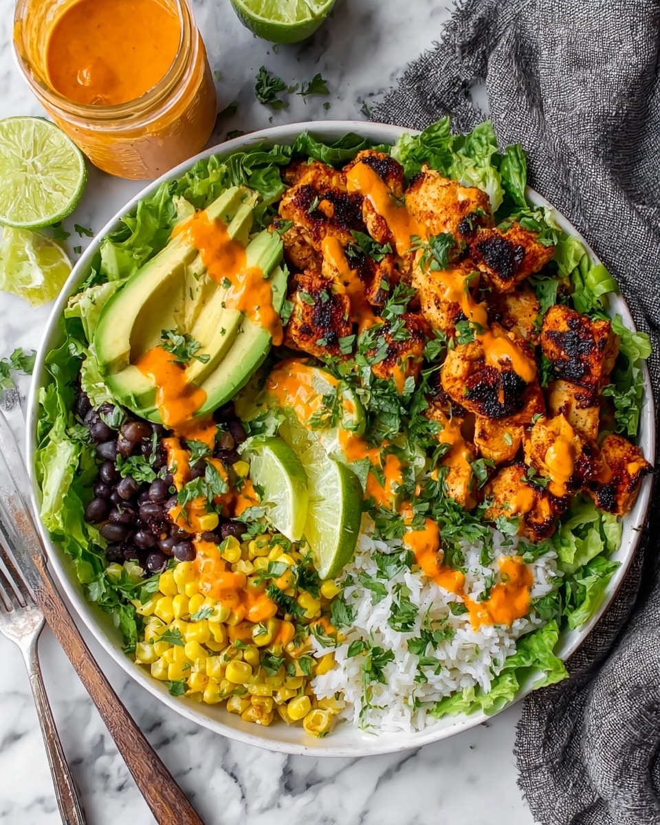 The bowl has five main layers: at the base, there is white rice mixed with yellow corn kernels, topped with chopped green cilantro; next to it, there is a pile of shiny black beans with some corn on them; at the center, there is grilled chicken with a charred brown and orange color, drizzled with bright orange sauce; on the right side, there are slices of green avocado sprinkled with cilantro and some sauce; at the top edge, there is a green lime slice on a bed of green leafy lettuce. A silver spoon is placed on the right side inside the bowl, and the bowl sits on a wooden board against a white marbled texture surface. Photo taken with an iphone --ar 4:5 --v 7