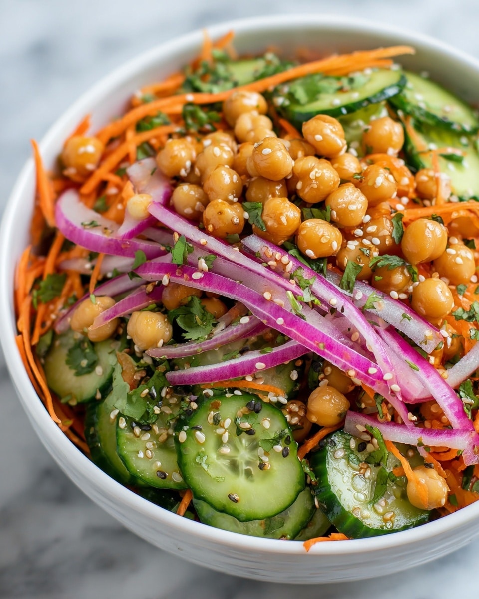 A close-up image of a fresh salad served in a white bowl resting on a white marbled surface. The salad features a colorful mix of layers: bright orange thin carrot strips, pale green cucumber slices with dark green edges, round light brown chickpeas, and thin strands of purple onion. All ingredients are mixed with finely chopped green herbs and lightly sprinkled with small white sesame seeds, creating a vibrant and textured presentation. photo taken with an iphone --ar 4:5 --v 7