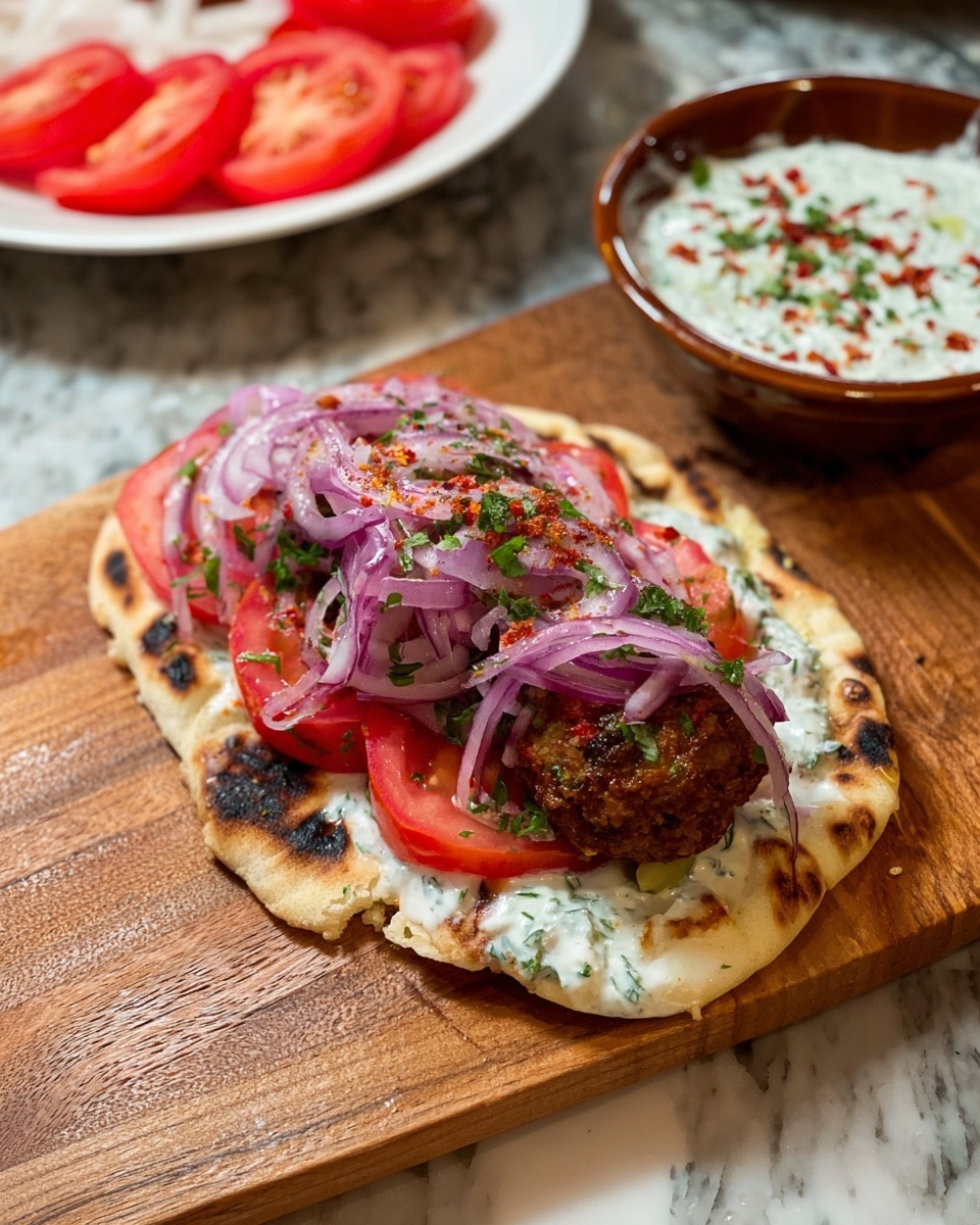 A flat, oval-shaped pita bread lies on a wooden board, toasted lightly with some browned spots; on top, there is a layer of creamy white tzatziki sauce with small green herb pieces. Over the sauce, a dark brown, crispy falafel patty is placed horizontally. Next, there are thinly sliced red onions mixed with chopped green herbs, loosely piled on the falafel. Finally, three bright red tomato slices are arranged in a row on top, sprinkled with red chili flakes and more herbs. In the background, a white plate contains additional sliced tomatoes and red onions, and a brown bowl holds more tzatziki sauce, all set on the board. photo taken with an iphone --ar 4:5 --v 7