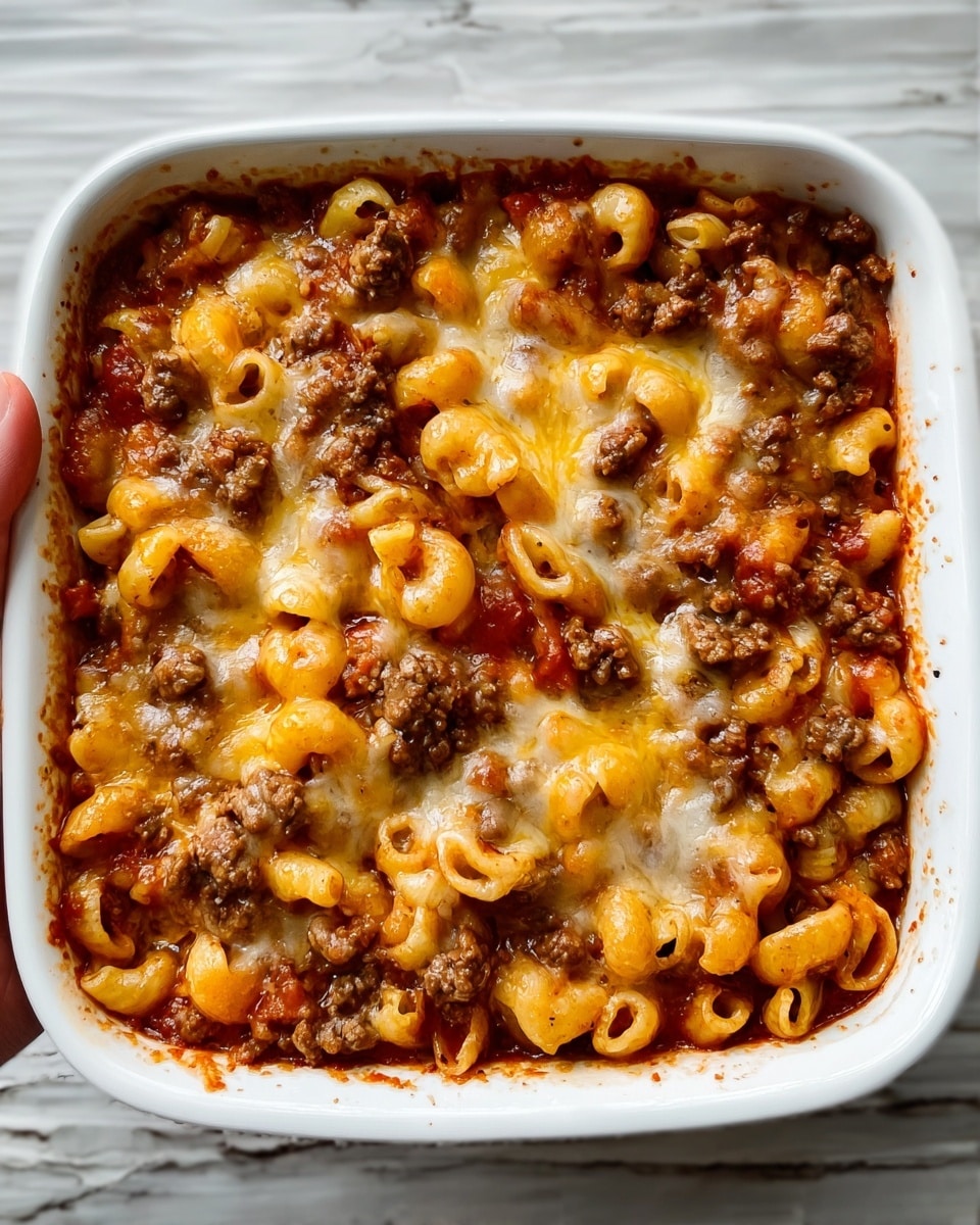The image shows a square white ceramic dish filled with a baked pasta casserole. The bottom layer is pasta shaped like small curls, mixed with a rich red tomato sauce. On top of this pasta layer are browned ground beef pieces spread evenly. The entire dish is covered with melted golden-yellow cheese that looks gooey and slightly crispy in some areas. The dish sits on a white marbled surface, and part of a woman's hand is visible holding the side of the dish. photo taken with an iphone --ar 4:5 --v 7